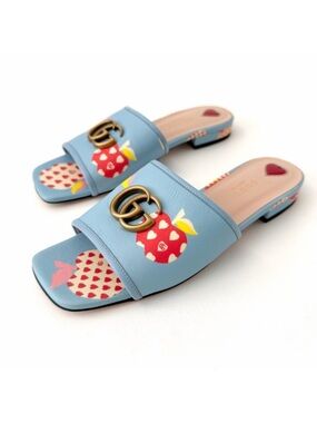 GUCCI || Blue Apple Print GG‎ Marmont Slide Sandals Flats EU 37